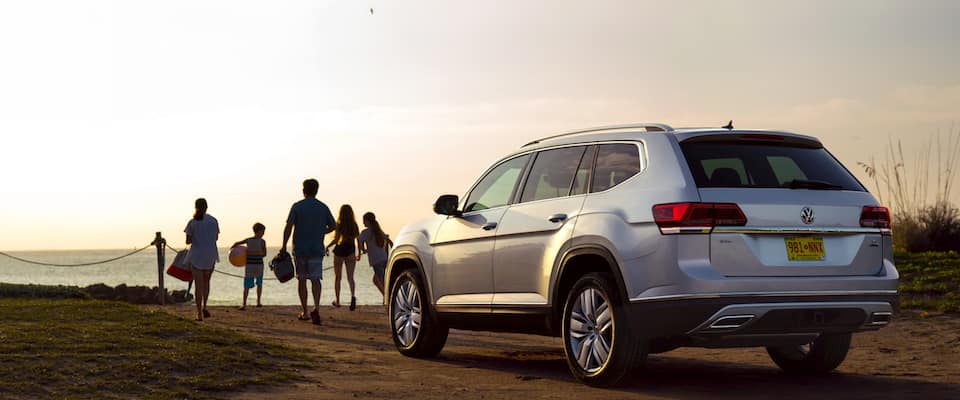 2019 Volkwagen Atlas A silver 2019 Volkswagen Atlas parked on the beach at sunset