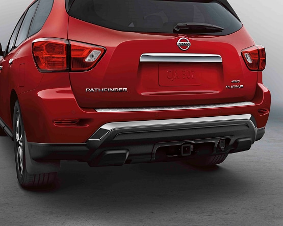 Back of Red Nissan Pathfinder - shows trunk and taillights