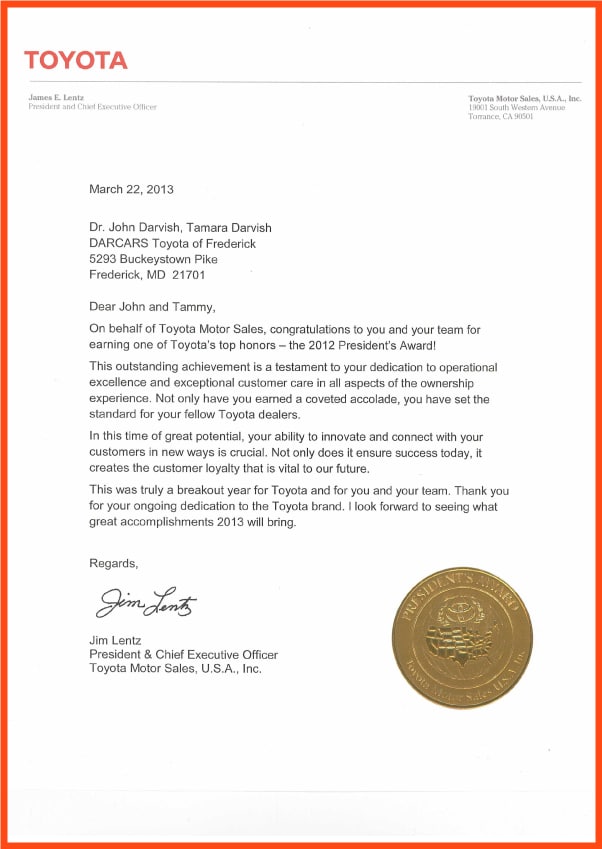 DARCARS Toyota of Frederick Presidents Award 2012