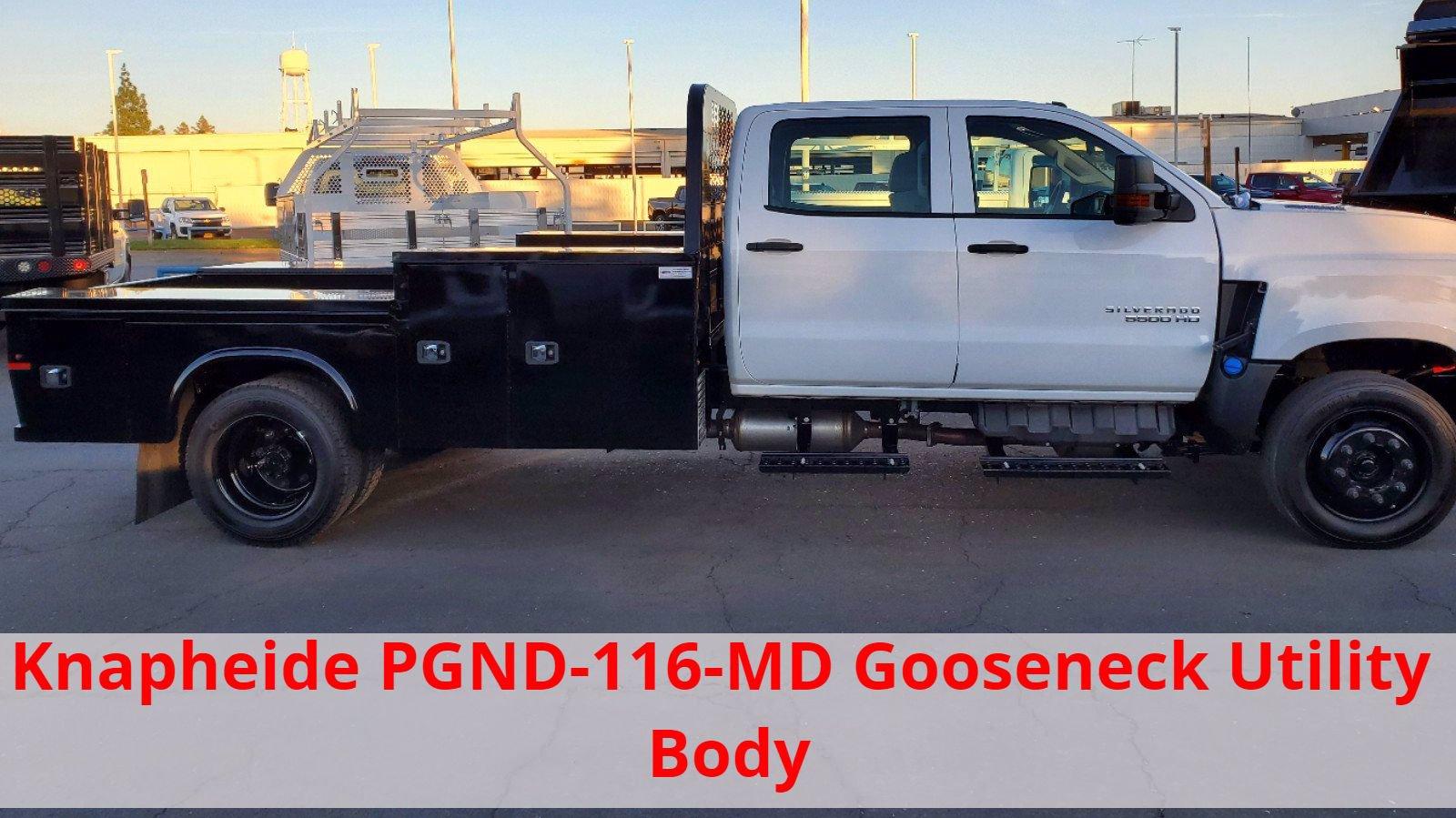 Side-view of a white Chevy Silverado 5500HD with Knapheide PGND-11--MD gooseneck utility body