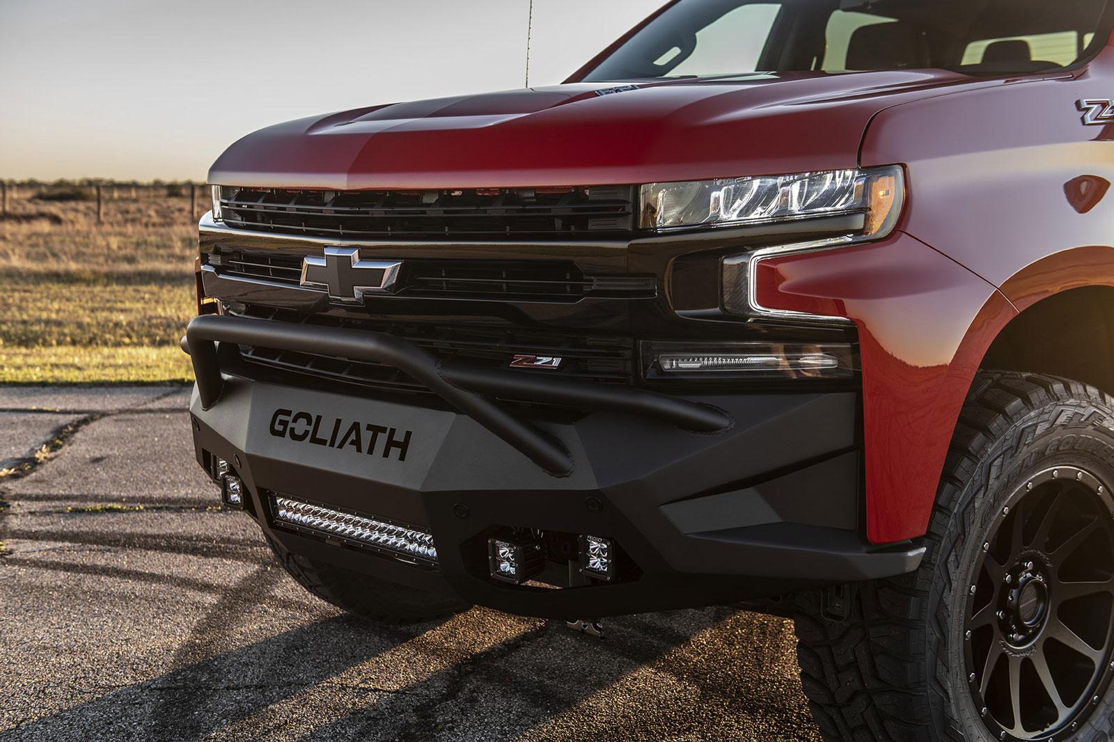 e53437880b57445e856a5607896cb31a_1600x1066.jpg Front grill and bumper of a Red Chevy Silverado with Hennessey Goliath 650 Supercharged upgrades