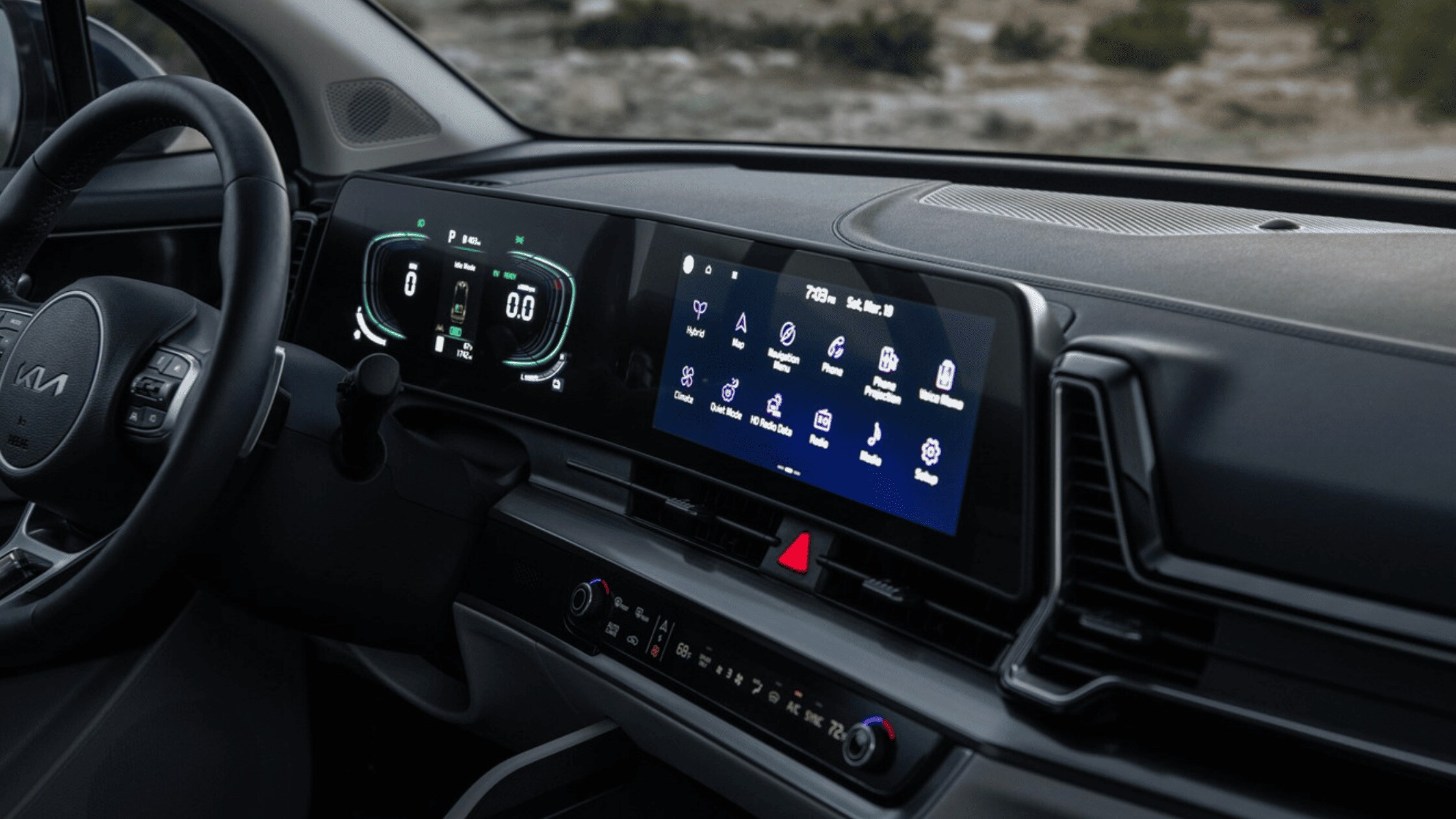 2024 Kia Sportage Hybrid - Advanced Safety Features Advanced dashboard and digital display of the 2024 Kia Sportage Hybrid, highlighting its high-tech safety features and hybrid driving modes.