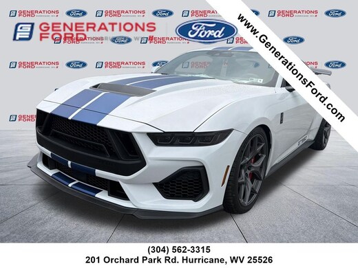 White Ford Mustang Shelby with blue stripes at Generations Ford Hurricane WV