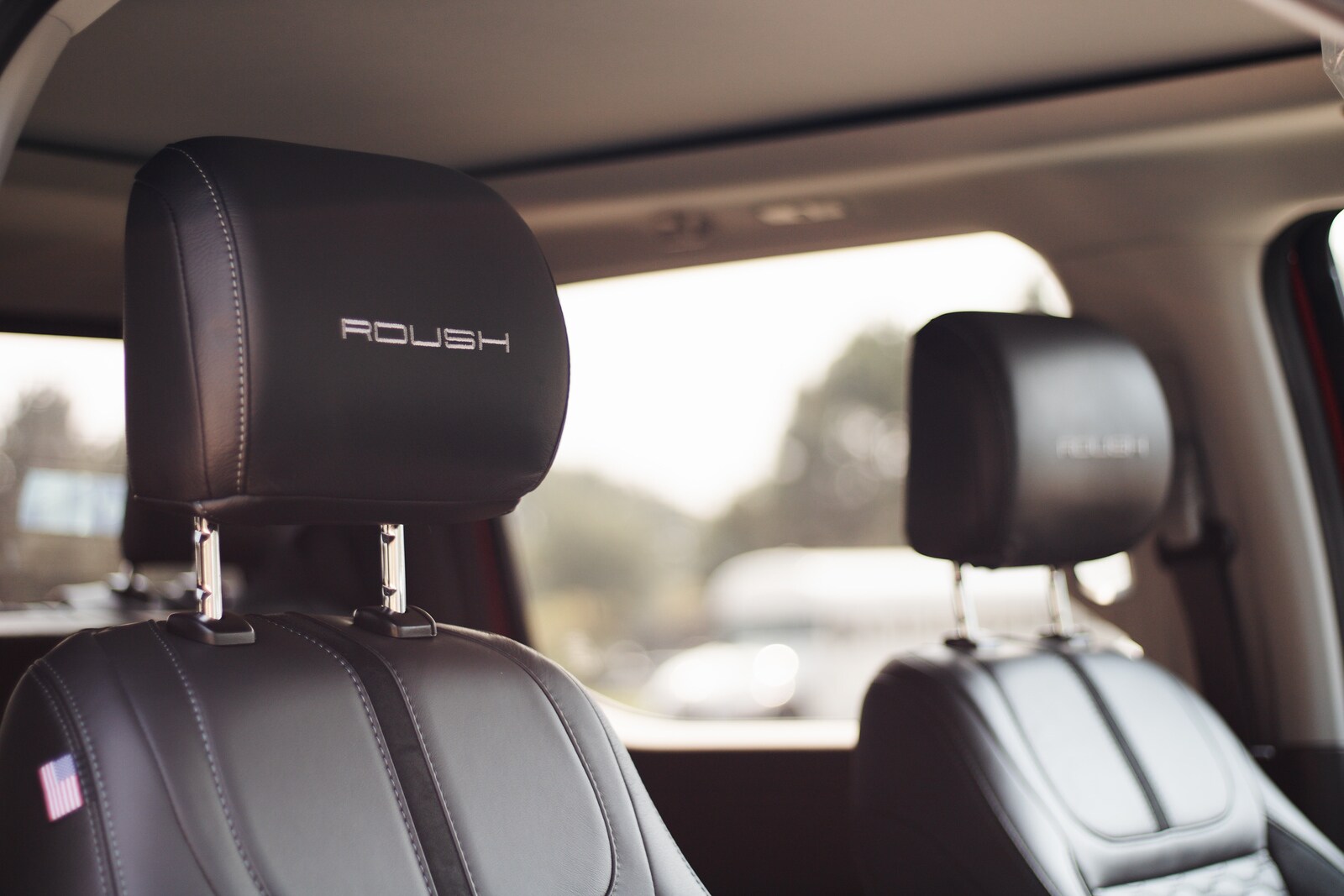 Black leather headrests embroidered ROUSH with a small USA flag on the seat