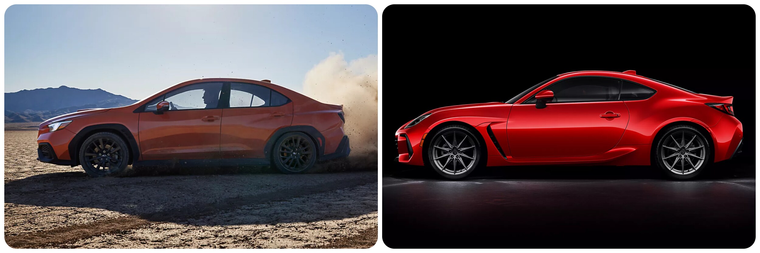 2023-subaru-wrx-vs-brz-2.jpg On the left, an orange 2023 Subaru WRX spins dust up on a dirt road, on the right a red 2023 Subaru BRZ