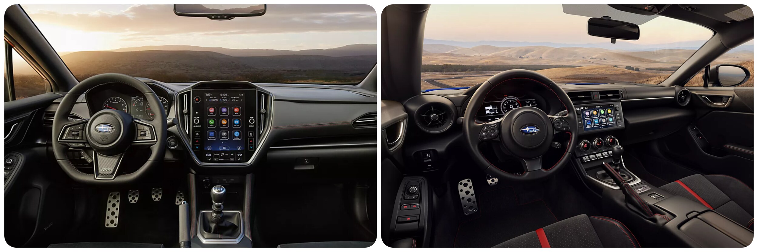 2023-subaru-wrx-vs-brz-3.jpg On the left, the dash and infotainment system of a 2023 Subaru WRX, on the right the 2023 Subaru BRZ