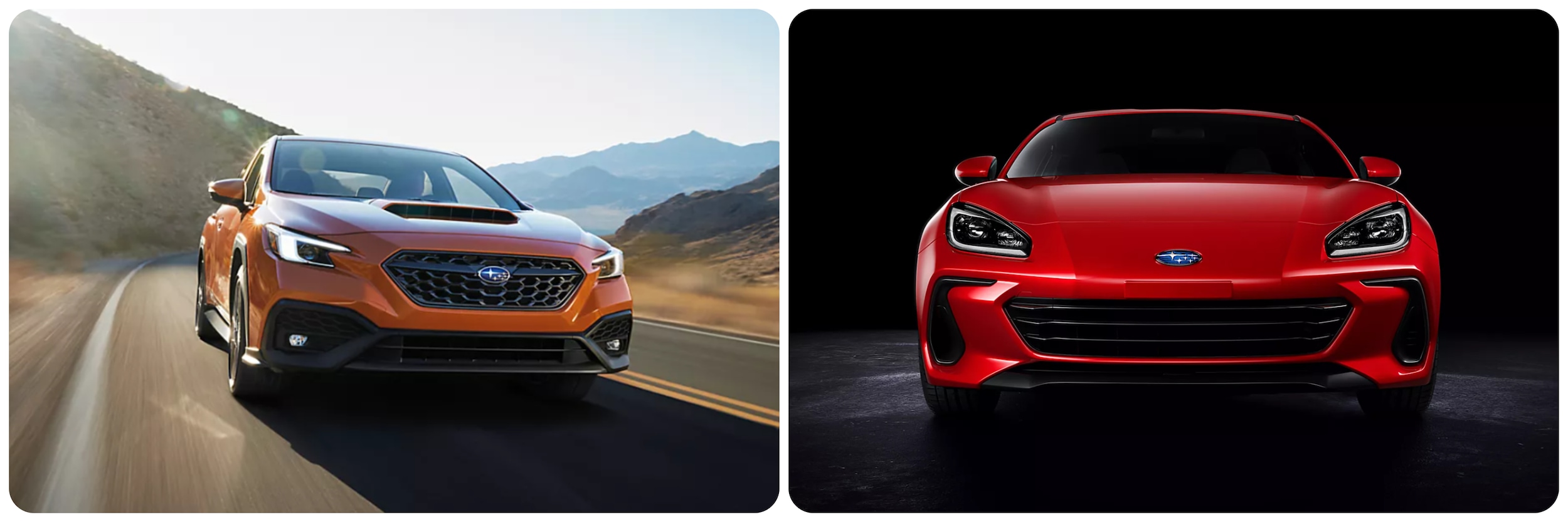 2023-subaru-wrx-vs-brz-5.jpg On the left, a view of the front of an orange 2023 Subaru WRX, on the right a view of the front of a red 2023 Subaru BRZ