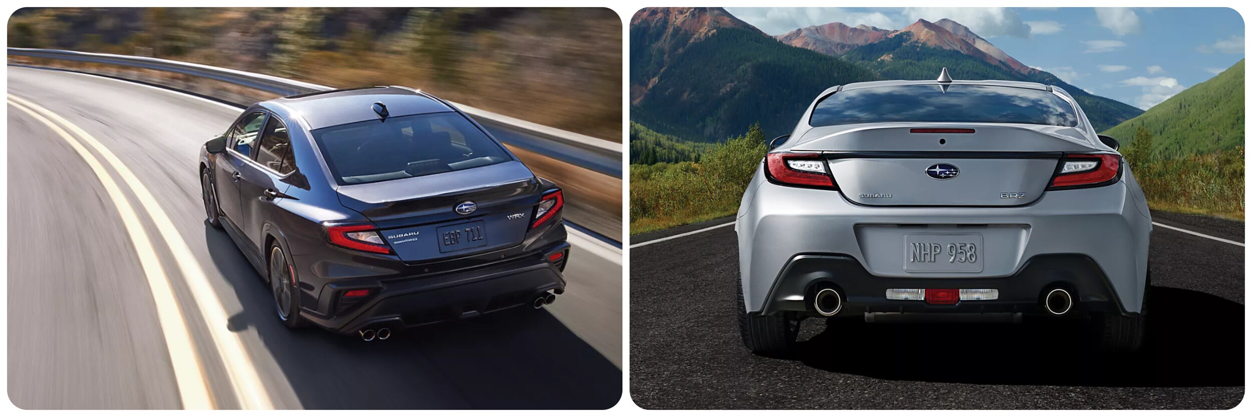 2023-subaru-wrx-vs-brz-4.jpg On the left, the back of a 2023 Subaru WRX, on the right a 2023 Subaru BRZ