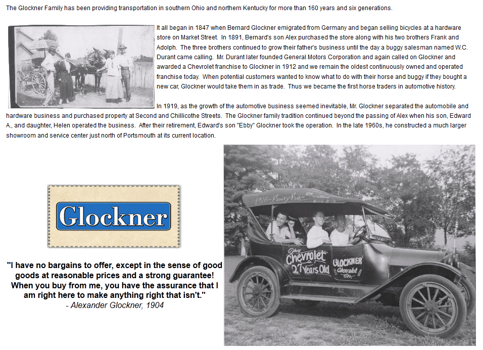 Black and white image of Glockner horse and buggy and an image of an old Glockner promotional vehicle