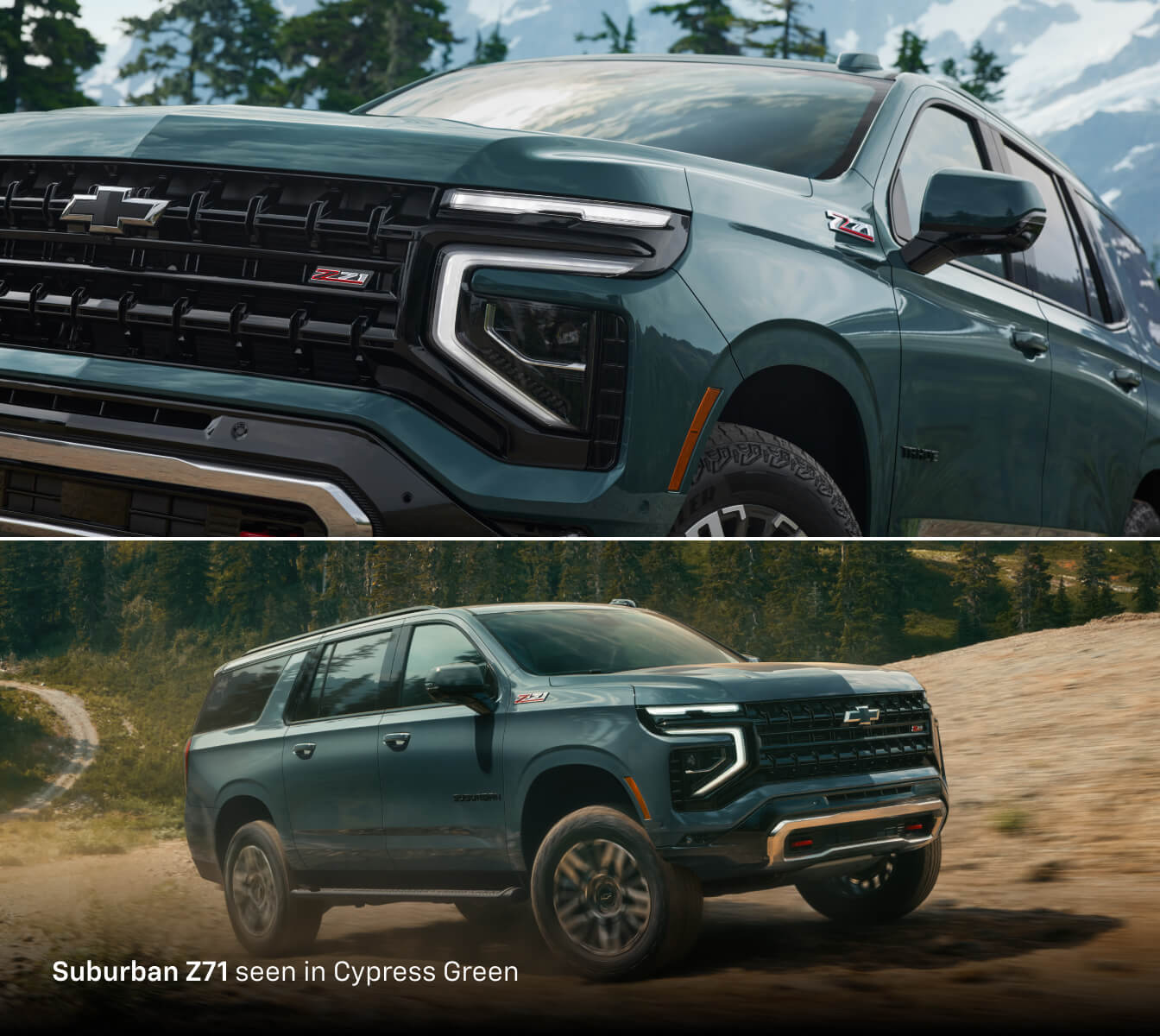 2026 Chevrolet Suburban Z71 in Cypress Green, front close-up and three-quarter view driving off-road.
