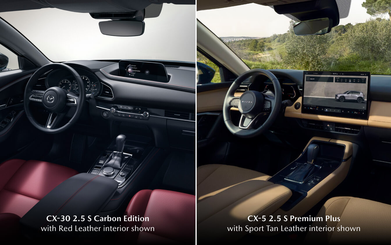 Left: 2026 Mazda CX-30 Carbon Edition with Red Leather interior. Right: CX-5 Premium Plus with Sport Tan Leather interior.