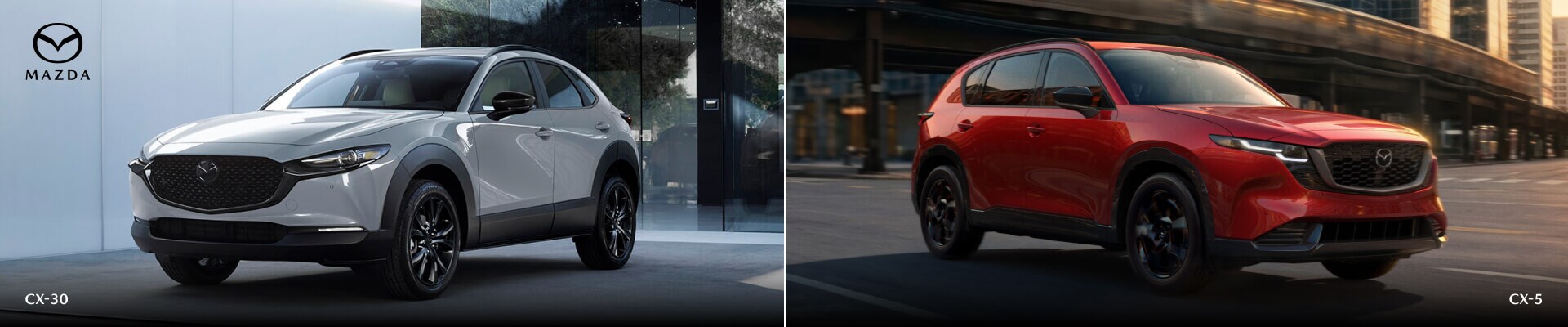 2026 Mazda CX-30 Turbo Premium Plus in Aero Gray vs. 2026 Mazda CX-5 S Premium Plus in Soul Red Crystal.