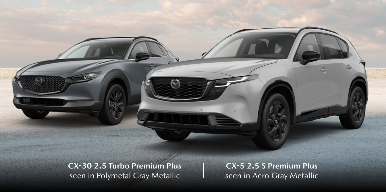 2026 Mazda CX-30 2.5 Turbo Premium Plus in Polymetal Gray and CX-5 2.5 S Premium Plus in Aero Gray.