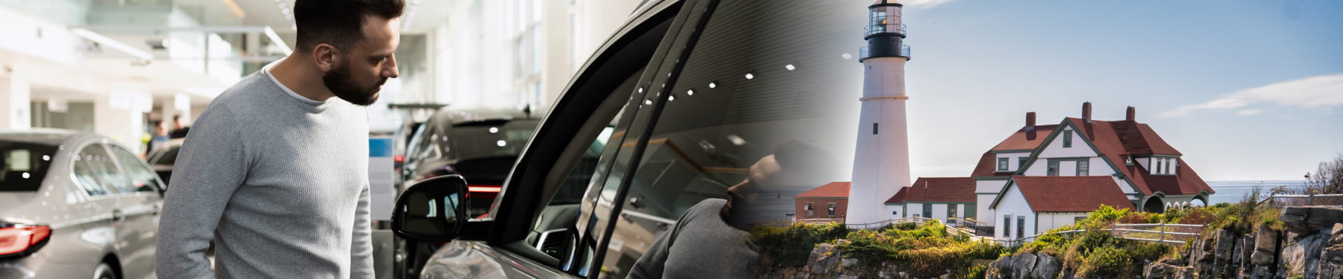 Man browsing vehicles at a car dealership beside an image of a coastal lighthouse.