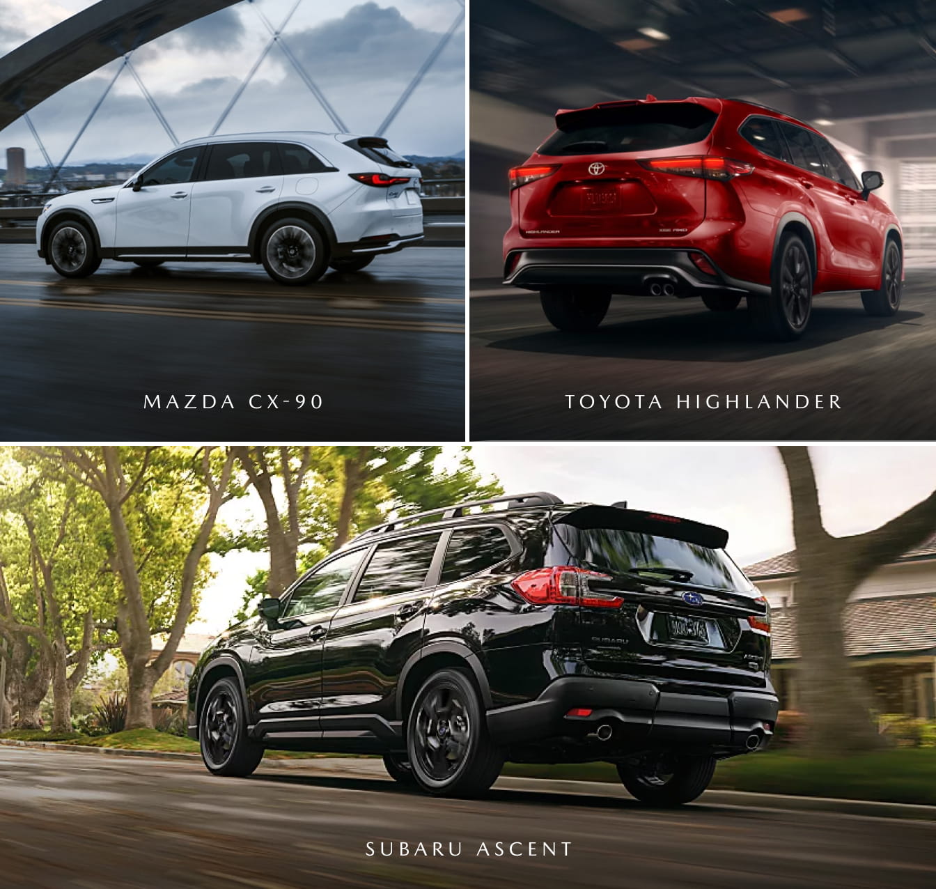 Comparison of the Mazda CX-90, Toyota Highlander, and Subaru Ascent from rear driving views.