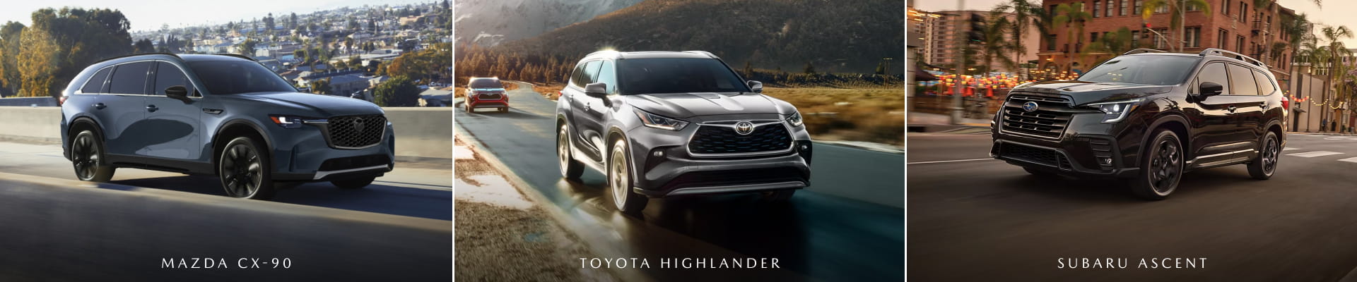 Comparison of the Mazda CX-90, Toyota Highlander, and Subaru Ascent SUVs.