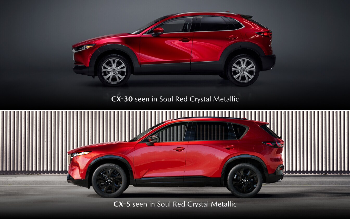 Top: 2026 Mazda CX-30 in Soul Red Crystal Metallic. Bottom: 2026 Mazda CX-5 in Soul Red Crystal Metallic, both in side profile.