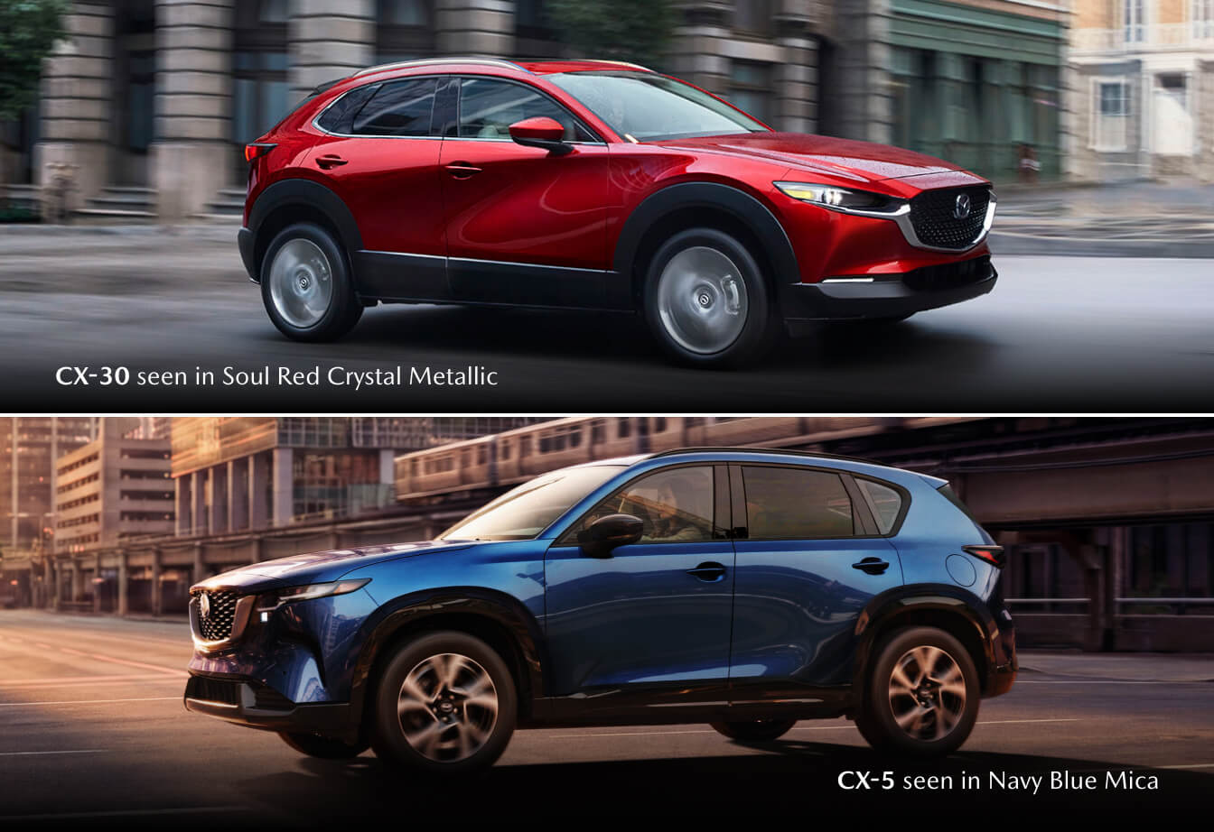 Top: 2026 Mazda CX-30 in Soul Red Crystal Metallic driving. Bottom: 2026 CX-5 in Navy Blue Mica driving in the city.