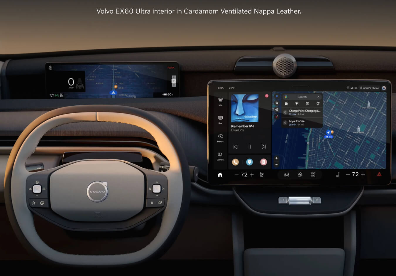 Interior driver-side dashboard view of a Volvo EX60 Ultra highlighting the infotainment screen.