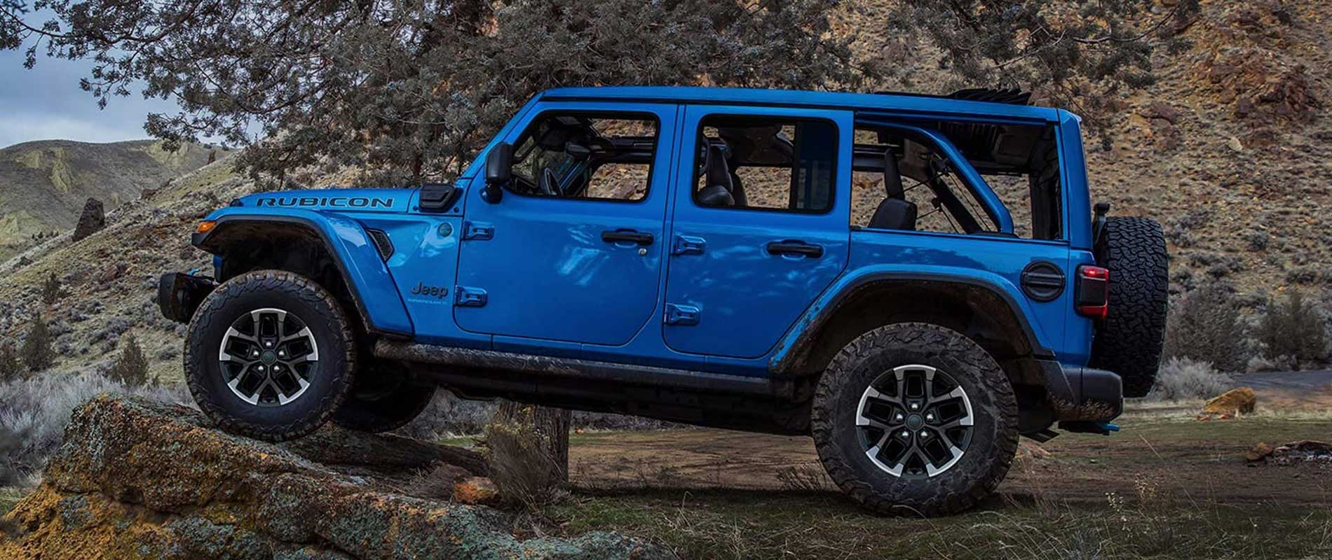 Jeep Wrangler For Sale in South Burlington A blue Jeep Wrangler parked on a cliffside by a tree in profile.