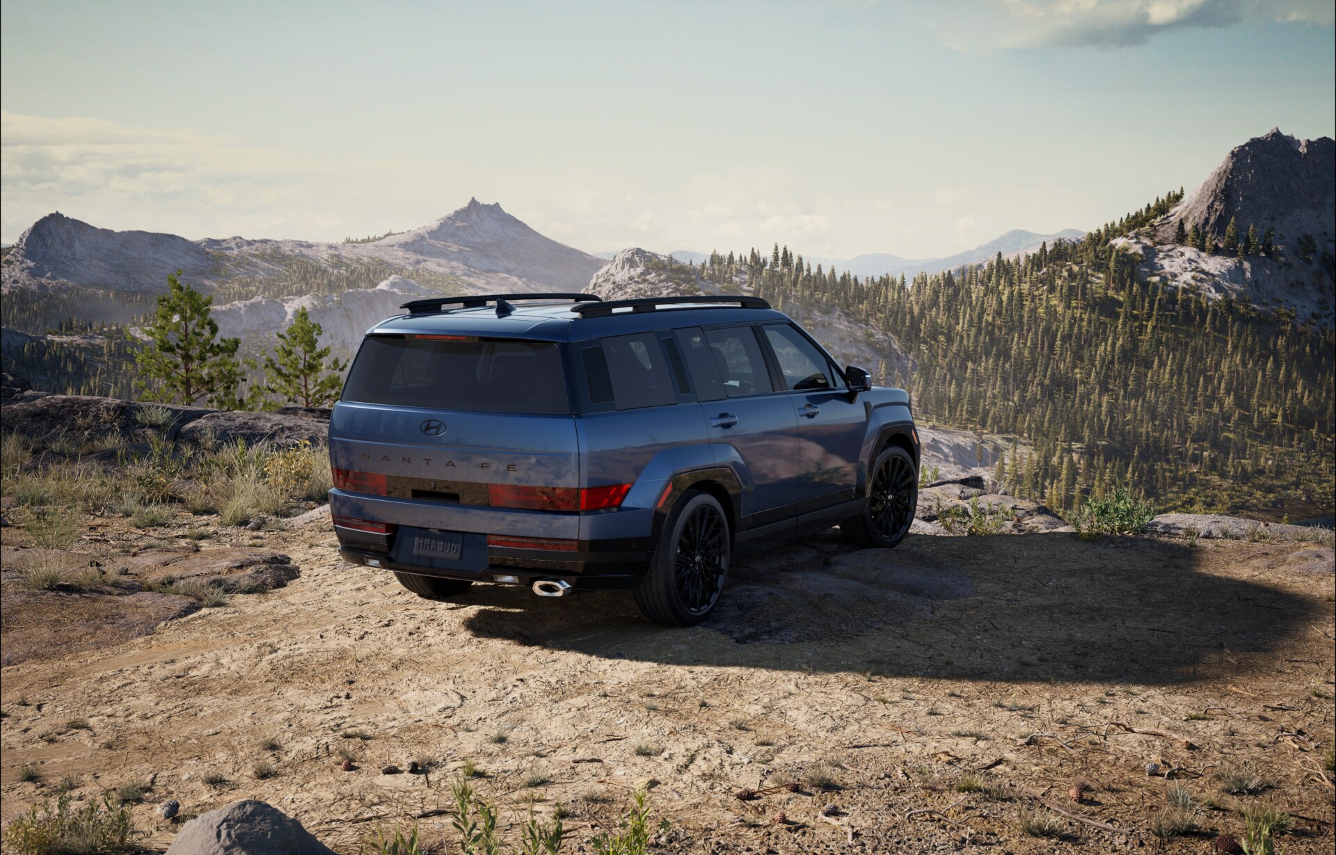2026_SantaFe_ICE_Calligraphy_FWD_AtlantisBlue_Black_360_Landscape_MountainView.018.jpeg The 2026 Hyundai Santa Fe with Atlantis Blue exterior