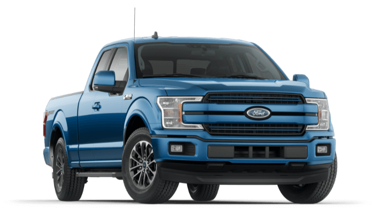 A blue 2020 Ford F-150 Lariat