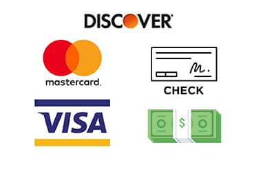 Discover card, mastercard, visa, check and cash