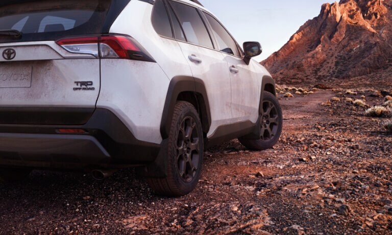 2020 Rav4 in white exterior close up of the rear