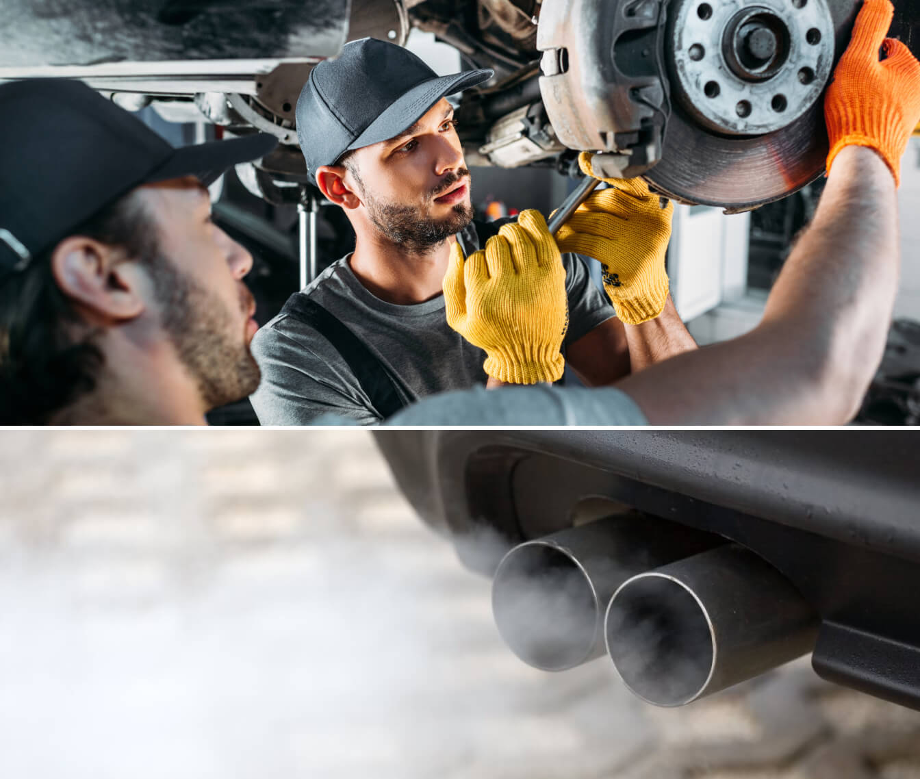 Two mechanichs inspect a car's brake rotors. A close-up of a car exhaust blowing smoke.