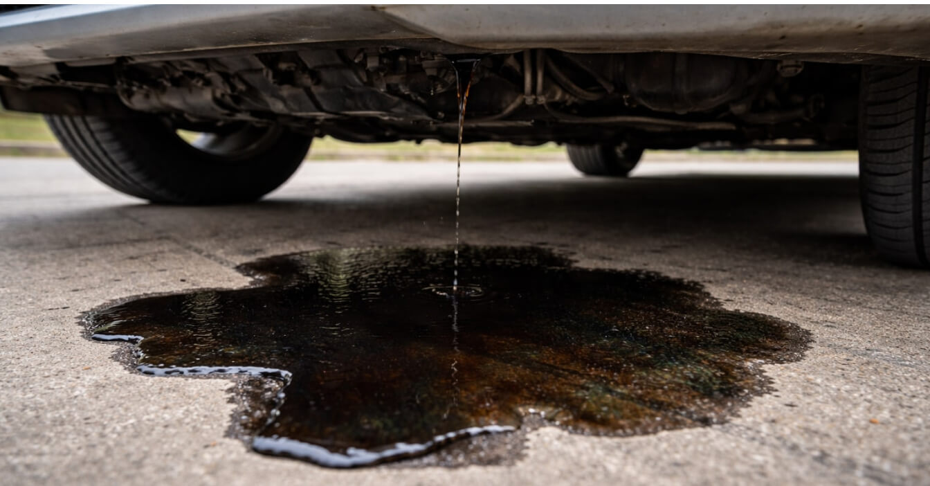 A close-up shot of a puddle gathering under a parked car.