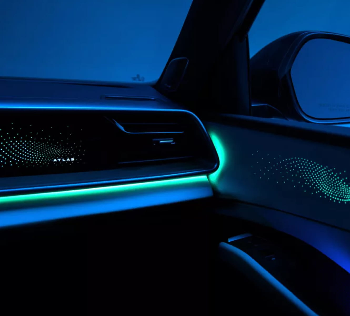 Close-up of the 2027 Volkswagen Atlas dashboard featuring customizable ambient lighting and illuminated interior trim.