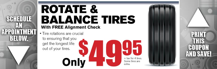 Money Saving Auto Service Coupon from Gwinnett Place Ford in Duluth near Atlanta for Rotate and Balance Tires