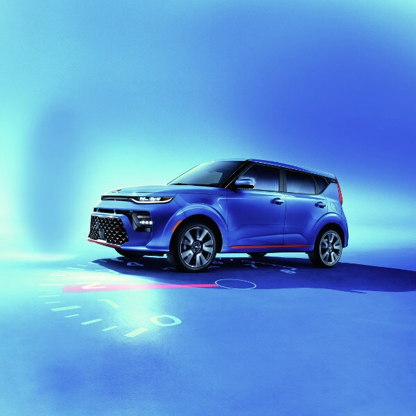 2020 Kia Soul A blue 2020 Kia Soul on a blue background