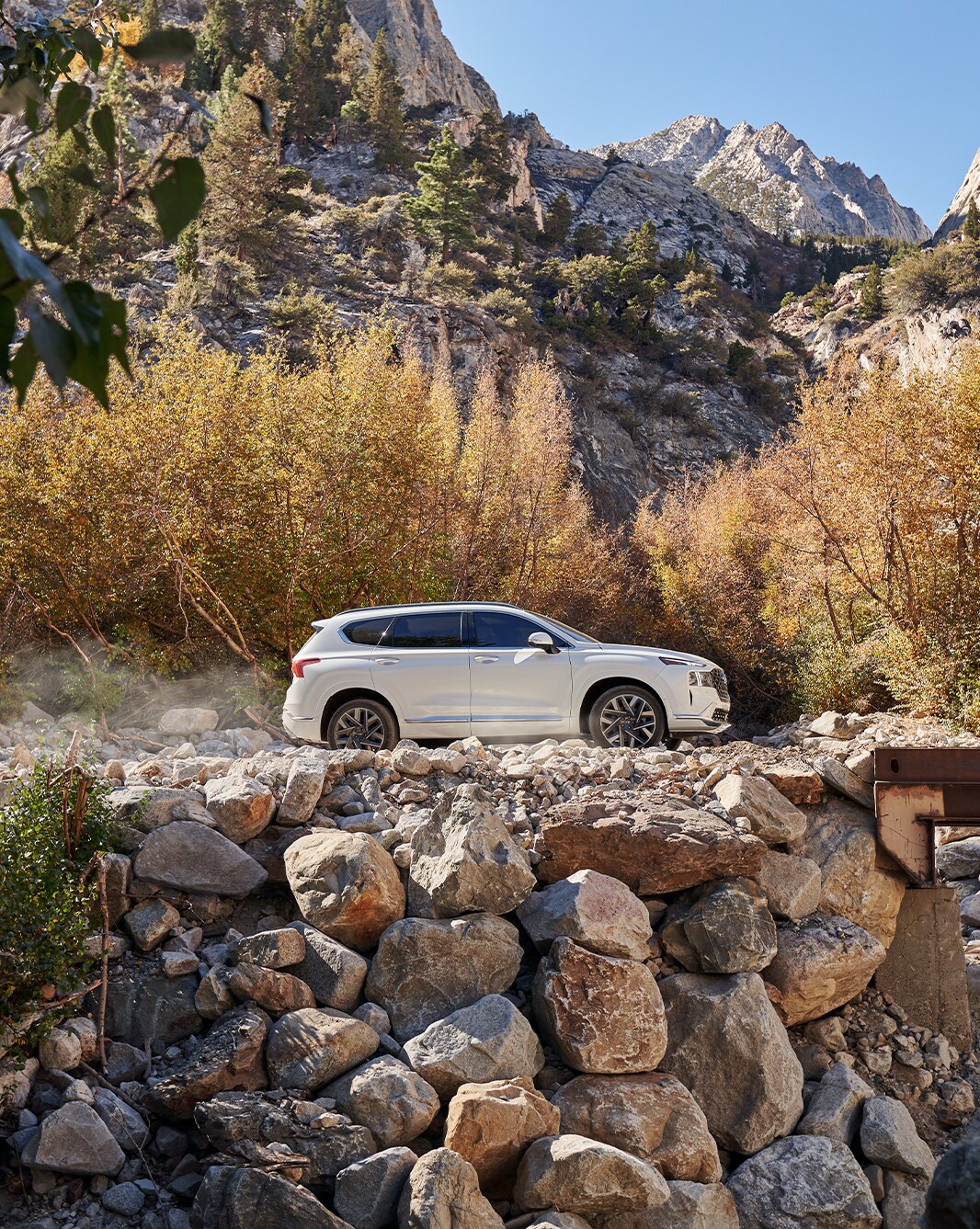 2023 Hyundai Santa Fe at Haddad Hyundai | Side profile of a white 2023 Hyundai Santa Fe driving up the side of a hill