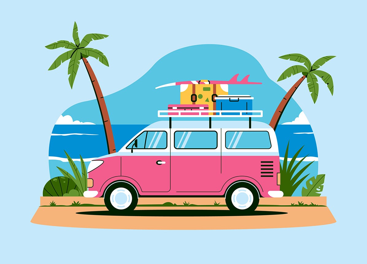 How to Get Your Car Summer Ready at Haddad Hyundai in Pittsfield, MA | Illustration of red van on the beach