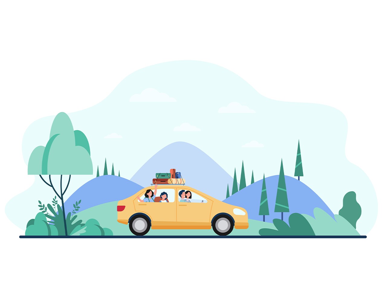 Tips for spring cleaning your car at Haddad Hyundai in Pittsfield, MA | Illustration of a family driving in a yellow car on a road trip together
