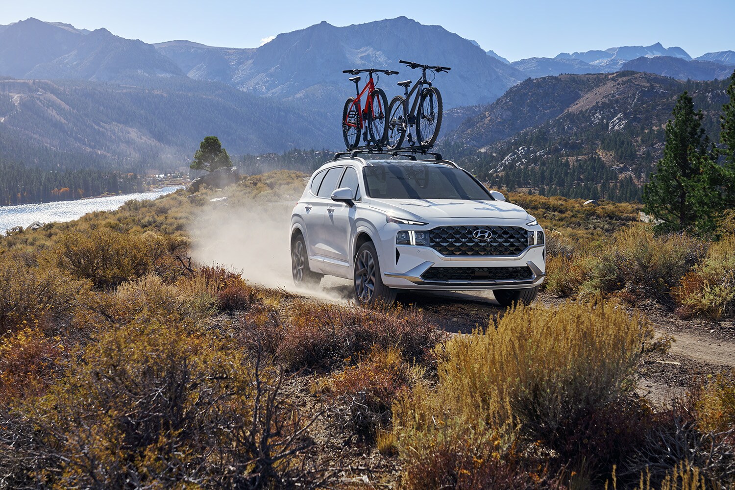 Haddad Hyundai Dealership near Williamstown, MA | 2022 Hyundai Santa Fe with bike racks driving off-road