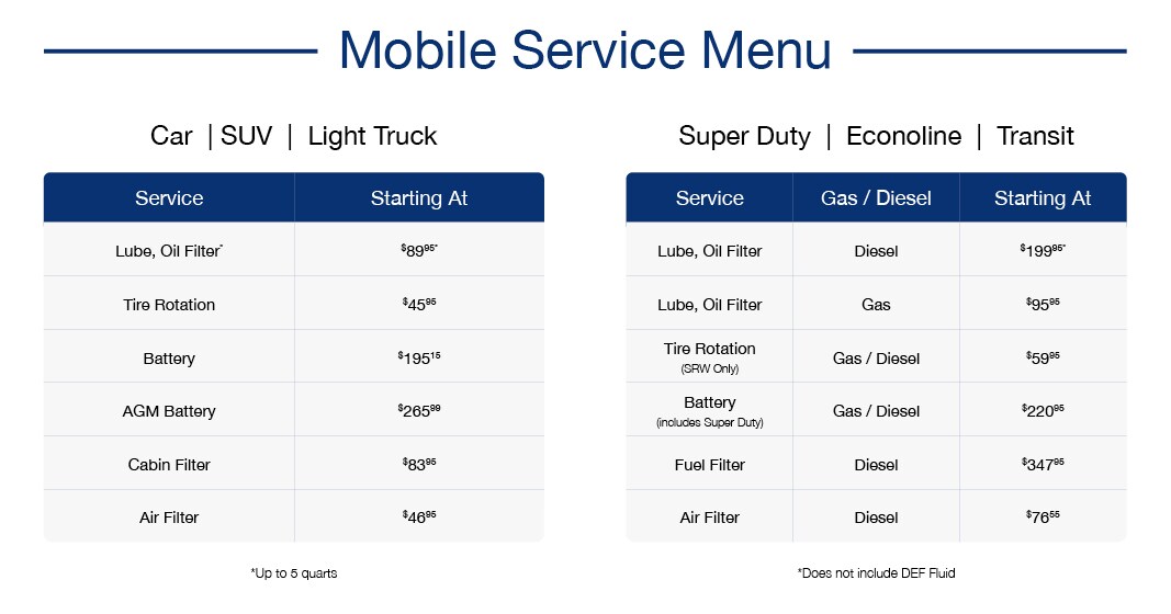 Hall Ford Mobile Service Menu