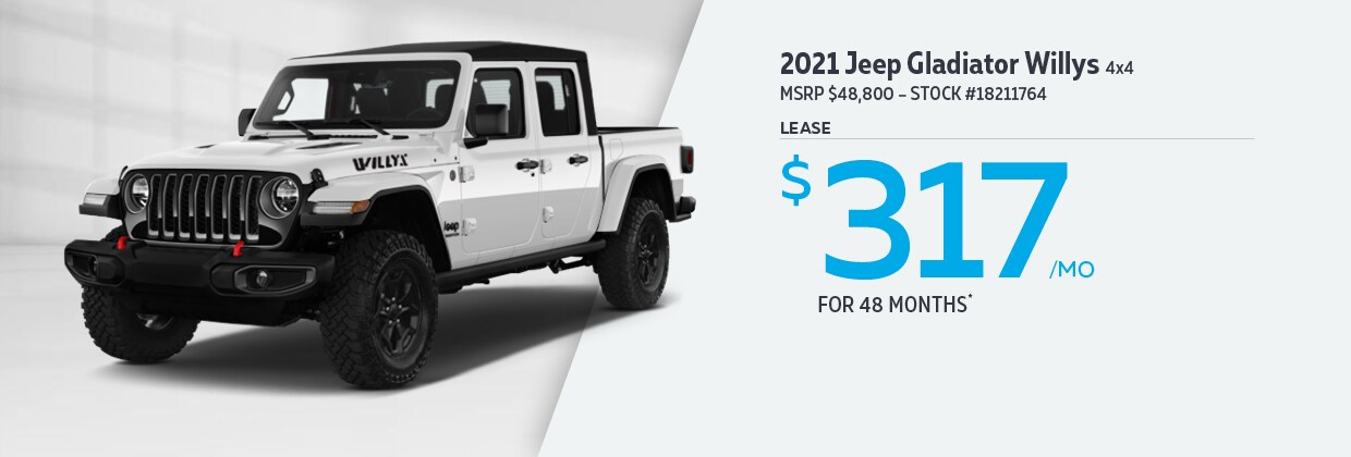 2021 Jeep Gladiator Willys Lease for $317/mo for 48 Months