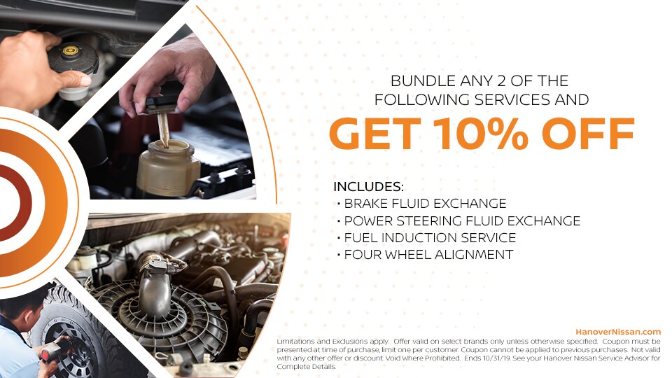 Bundle any 2 of the following services: Brake fluid exchange Power steering fluid exchange Fuel Induction service Four Wheel alignment and get 10% off