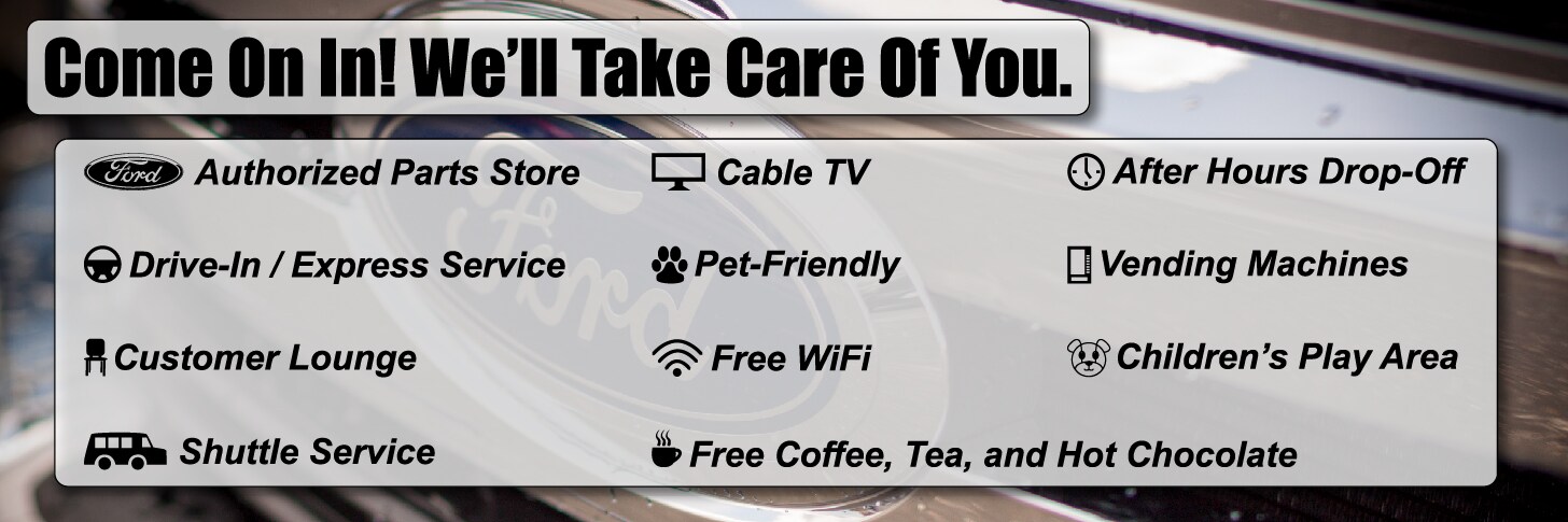 Amenities: Authorized parts store, cable tv, after-hours drop-off, drive-in / express service, pet-friendly, vending machines, customer lounge, free wifi, children's play area, shuttle service, complimentary coffee / tea / hot chocolate