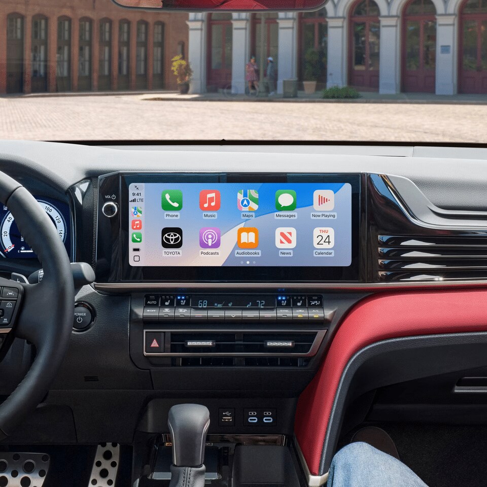 Driver view showing the safety system alert and interior storage solutions.