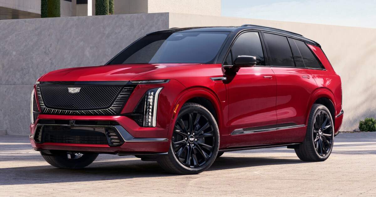 Cadillac VISTIQ three-row electric luxury SUV in red