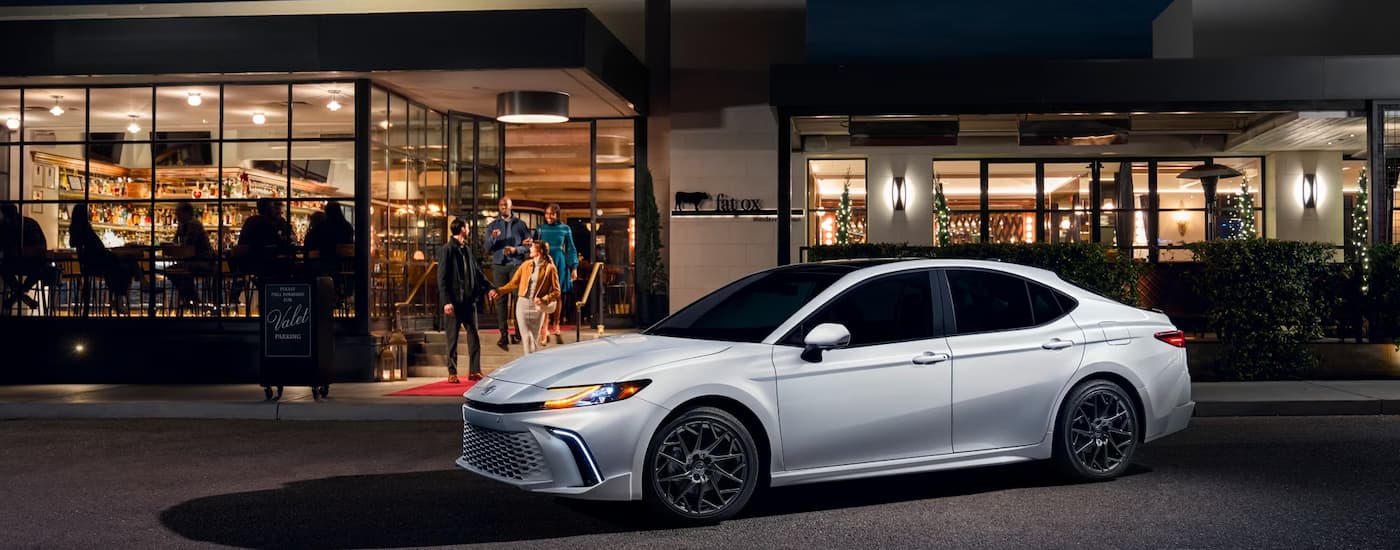 Car%20Dealership%20Near%20Wilmington%202025%20Toyota%20Camry%20XSE%20White.jpg White 2025 Toyota Camry parked at night