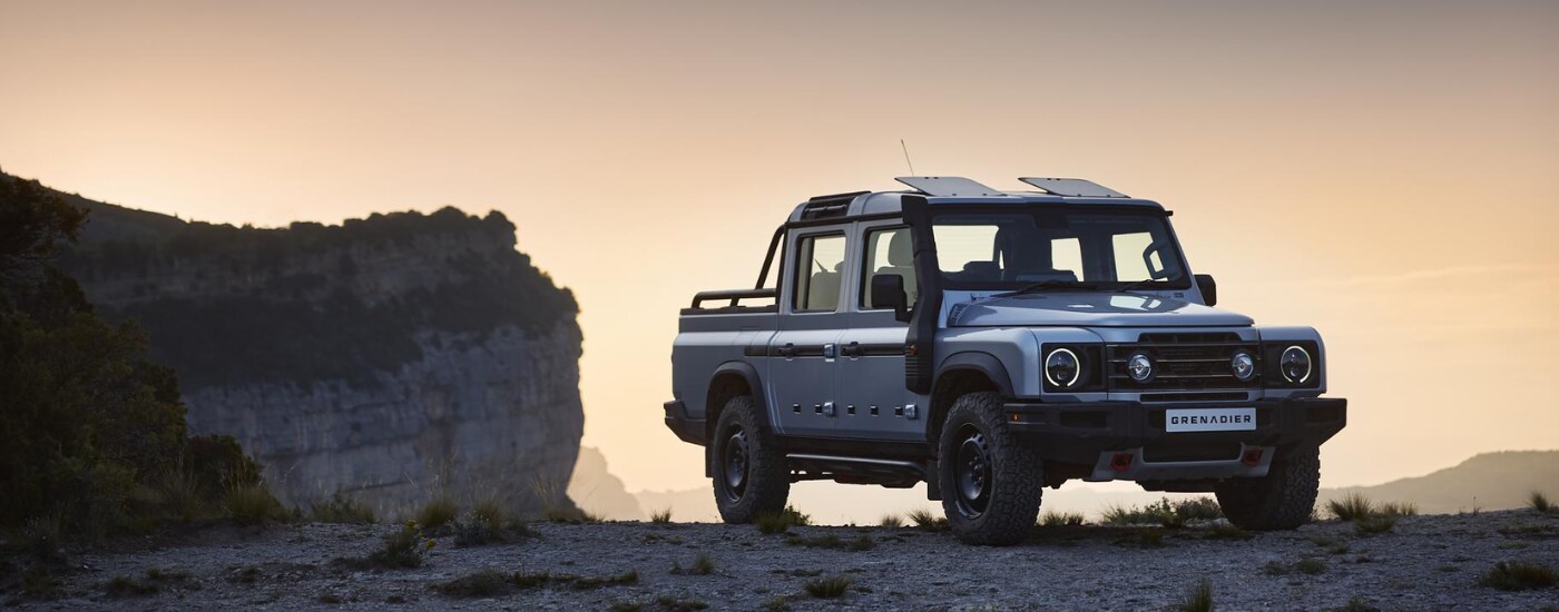 wlp%20-%202026%20INEOS%20Grenadier%20for%20Sale%20Near%20Columbia%20-%20Sunset.png A gray 2026 INEOS Grenadier parked off-road at sunset