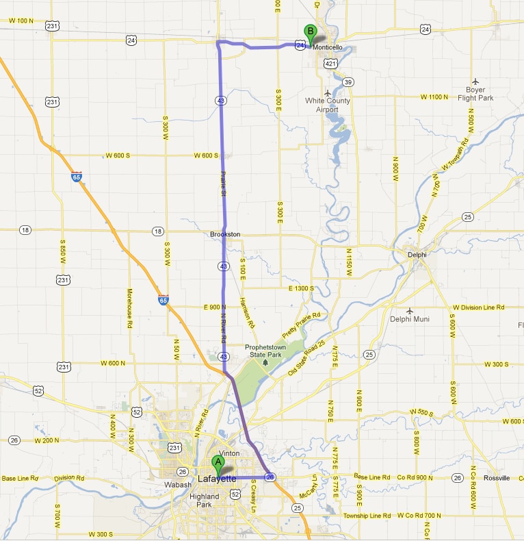 Lafayette, IN to Hendrickson Chrysler Dodge Jeep Ram Dealership - Google Maps'