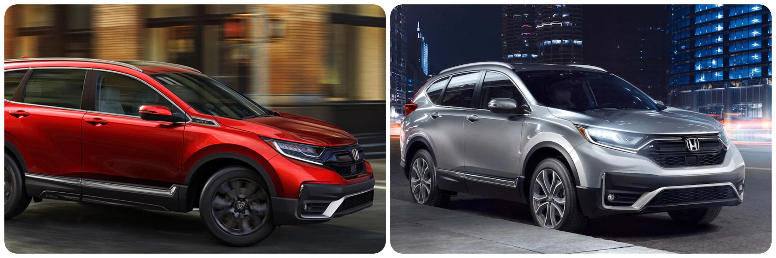 2022-Honda-CR-V-Vs-2021-Honda-CR-V-4.jpg On the right a cherry red 2022 Honda CR-V with black rims passes by giving the viewer a profile view of the car as it speeds down an urban street. On the right, a silver 2021 Honda CR-V sits parked in front of a cityscape at night.