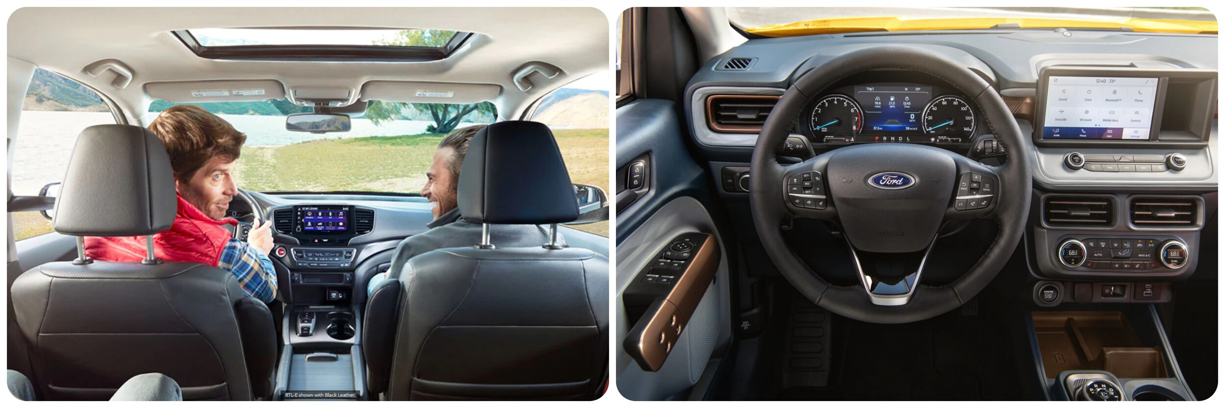2022-Honda-Ridgeline-Vs-Ford-Maverick-2.jpg On the left an interior view of the cabin of a 2022 Ford Ridgeline with black leather interior as a driver and passenger sit in the front row. On the right a view of the dash of a black and bronze accented dash of a 2022 Ford Maverick