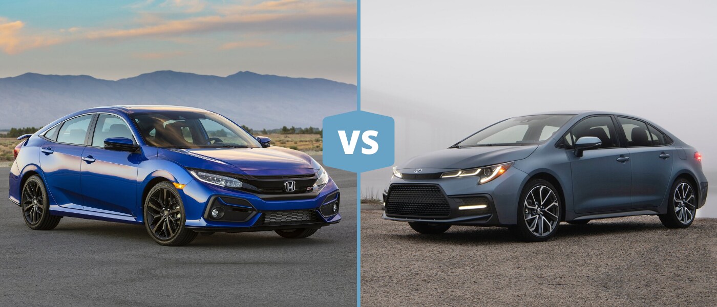 2020 Honda Civic vs 2020 Toyota Corolla.png Exterior comparison of the 2020 Honda Civic Si sedan and the 2020 Toyota Corolla sedan
