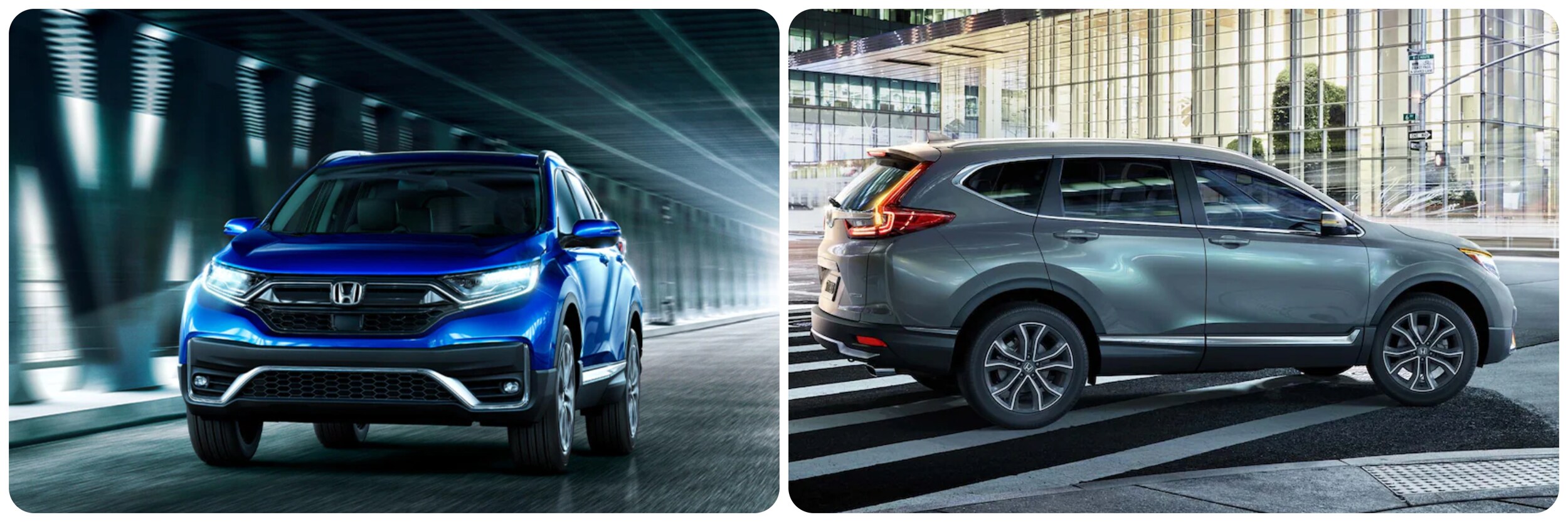 2022-Honda-CR-V-Vs-2021-Honda-CR-V-3.jpg On the left a bright blue 2022 Honda CR-V faces the viewer as it speeds down a bridge. On the right, a gray 2021 Honda CR-V is shown in profile view as it pauses in an intersection before making a turn on a city street.